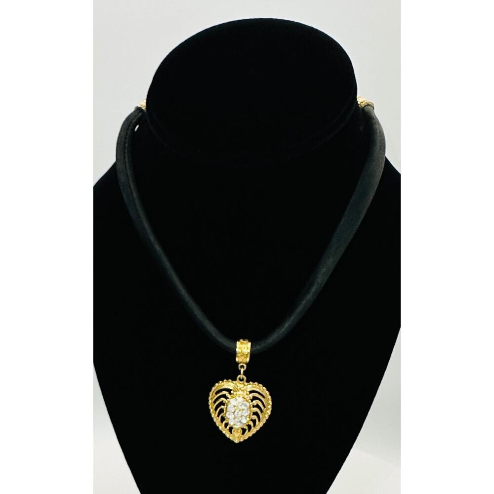 1928 Brand Gold Tone Heart Pendant Necklace Rhinestone Black Cord